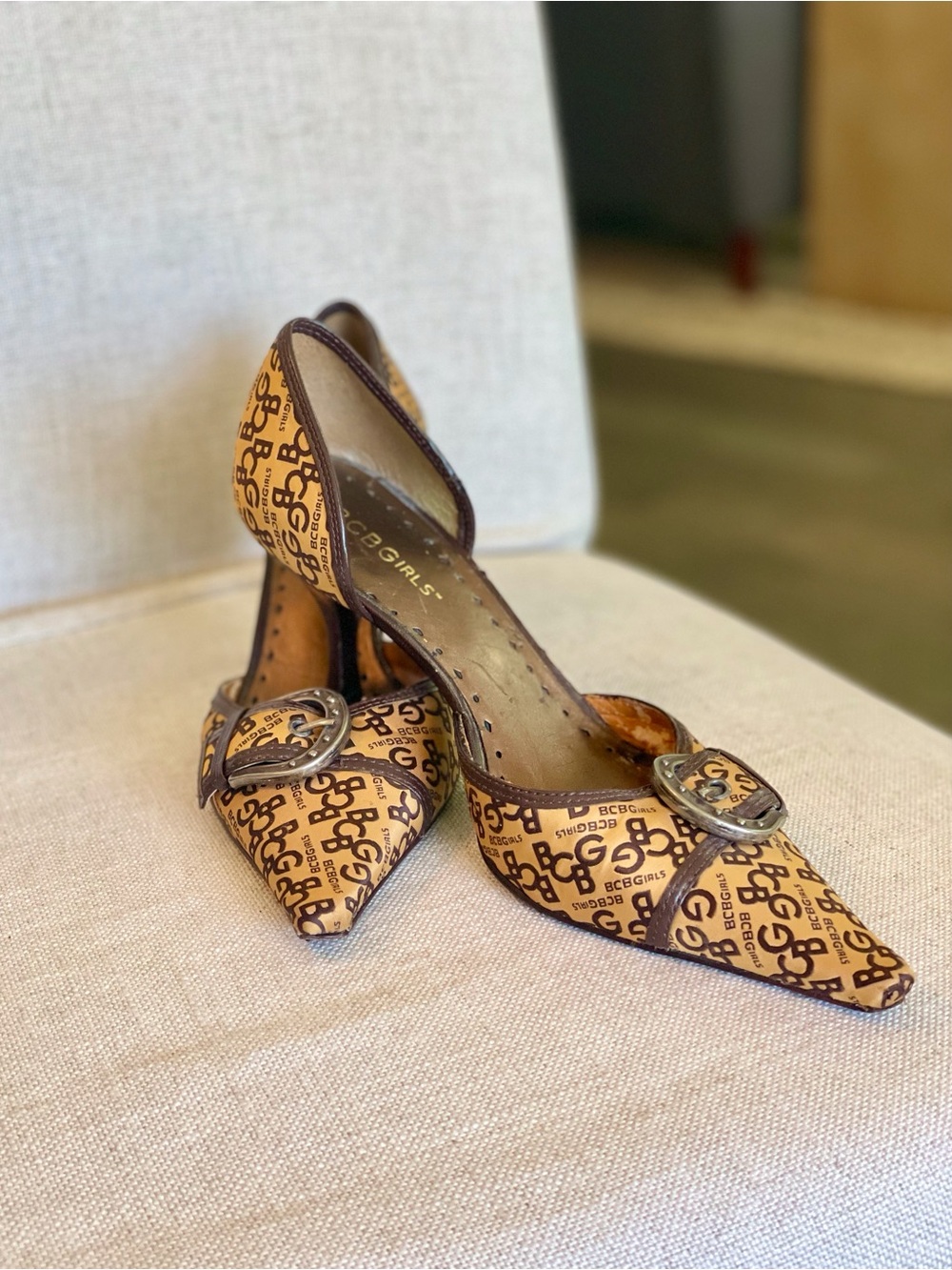 BCBGirls Tan and Brown Logo Buckle Pointed Toe Pumps